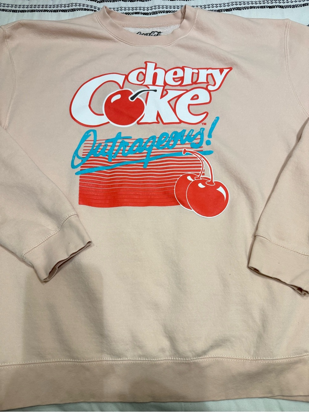 Hot Topic Peach Sweatshirt with Red and Teal Cherry Coke Graphic